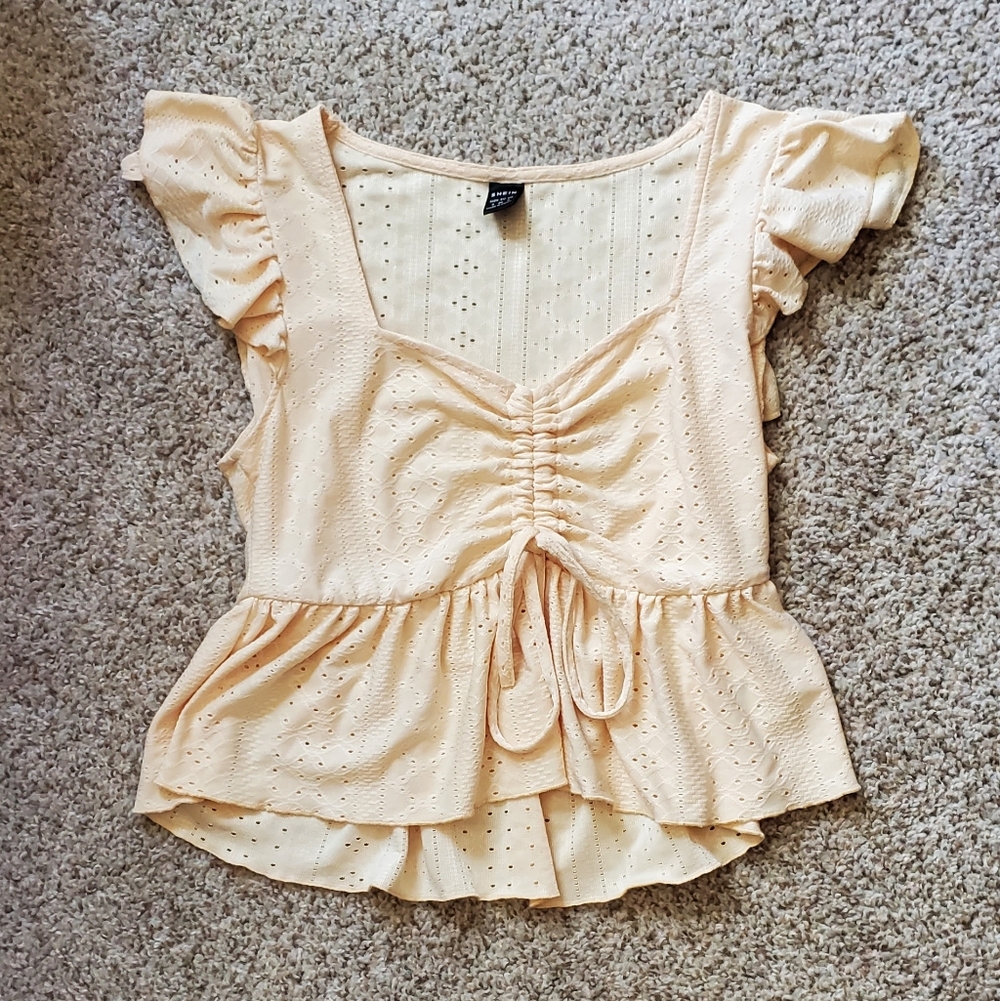 SHEIN Yellow Eyelet Ruffle Cinch Top